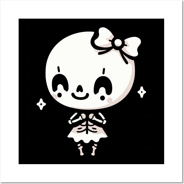Cute Happy Skeleton Girl with a Bow | Halloween Design in Kawaii Style Wall Art by Nora Liak